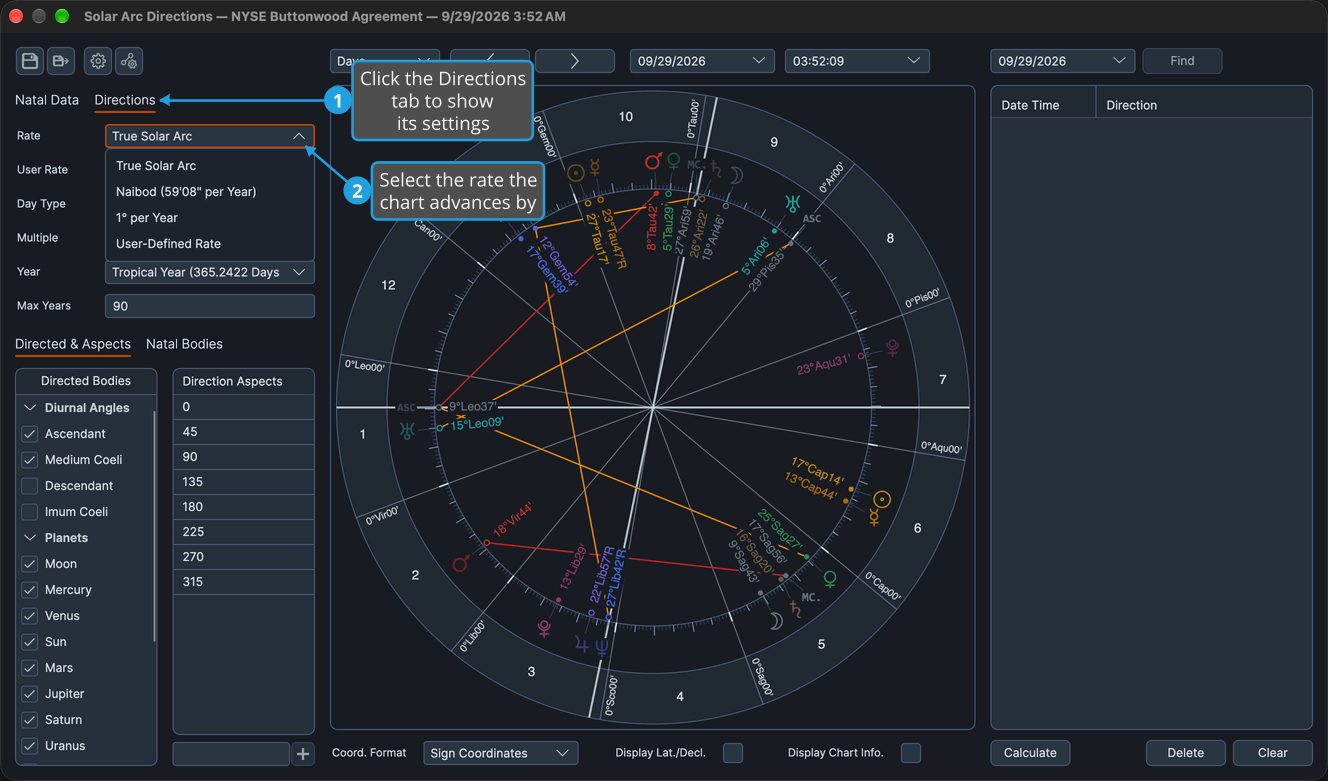 The Directions tab of a Solar Arc Directions chart with the Rate drop-down open, listing True Solar Arc, Naibod, 1° per Year and User-Defined Rate.