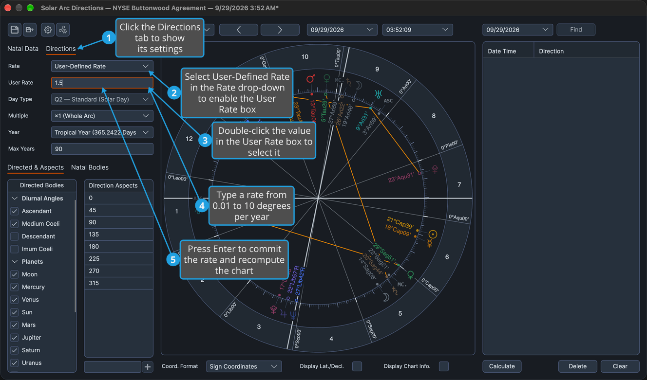 The Directions tab of a Solar Arc Directions chart with User-Defined Rate chosen and a new rate typed in the User Rate box.
