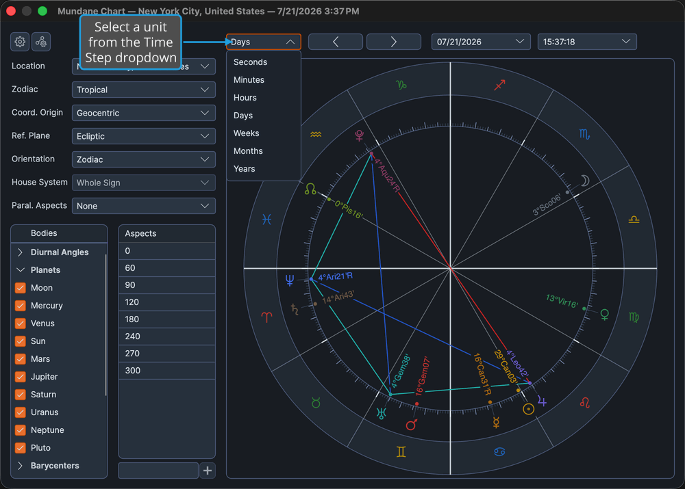 The time-navigation band with the Time Step dropdown open, listing units from Seconds to Years.