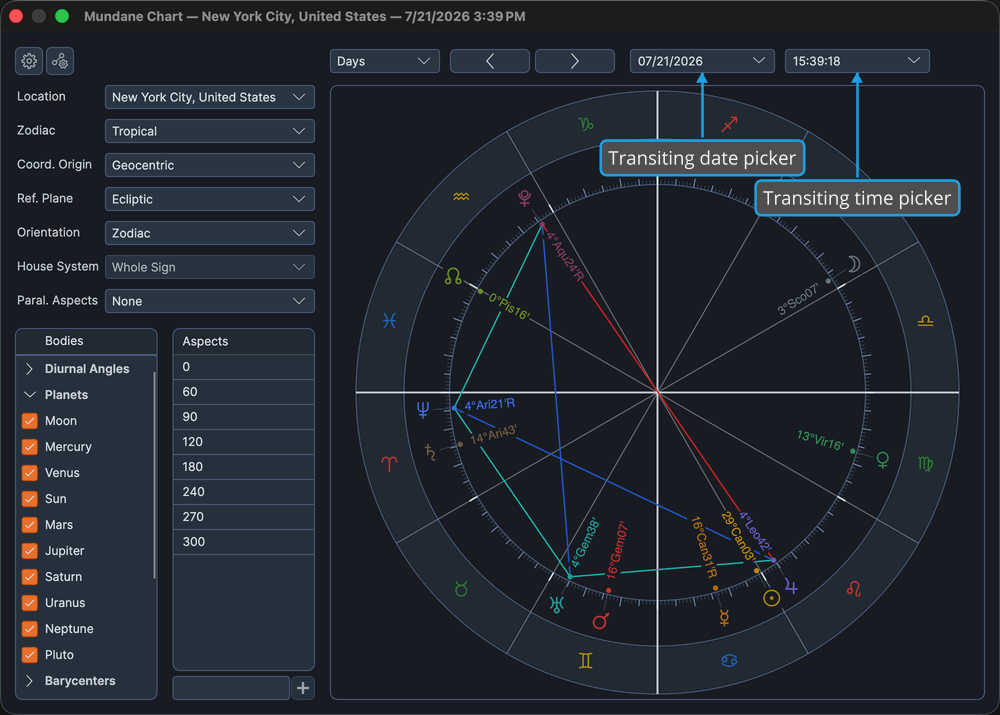 The time-navigation band on a Mundane or Transit chart, showing the transiting date and time pickers.