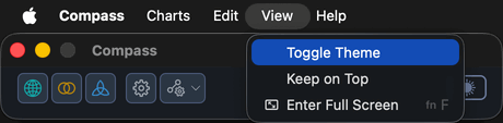 The View menu open on the macOS menu bar with Toggle Theme highlighted.