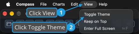 The View menu open from the menu bar, with numbered callouts on View and on Toggle Theme, which switches Compass between its light and dark themes.