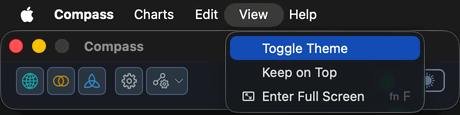 The View menu open in the macOS menu bar, showing Toggle Theme.