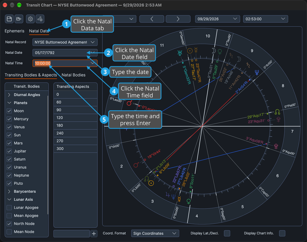 The Transit chart window shows the Natal Data tab with its Natal Time value selected beneath Natal Date, ready for a trial birth time.