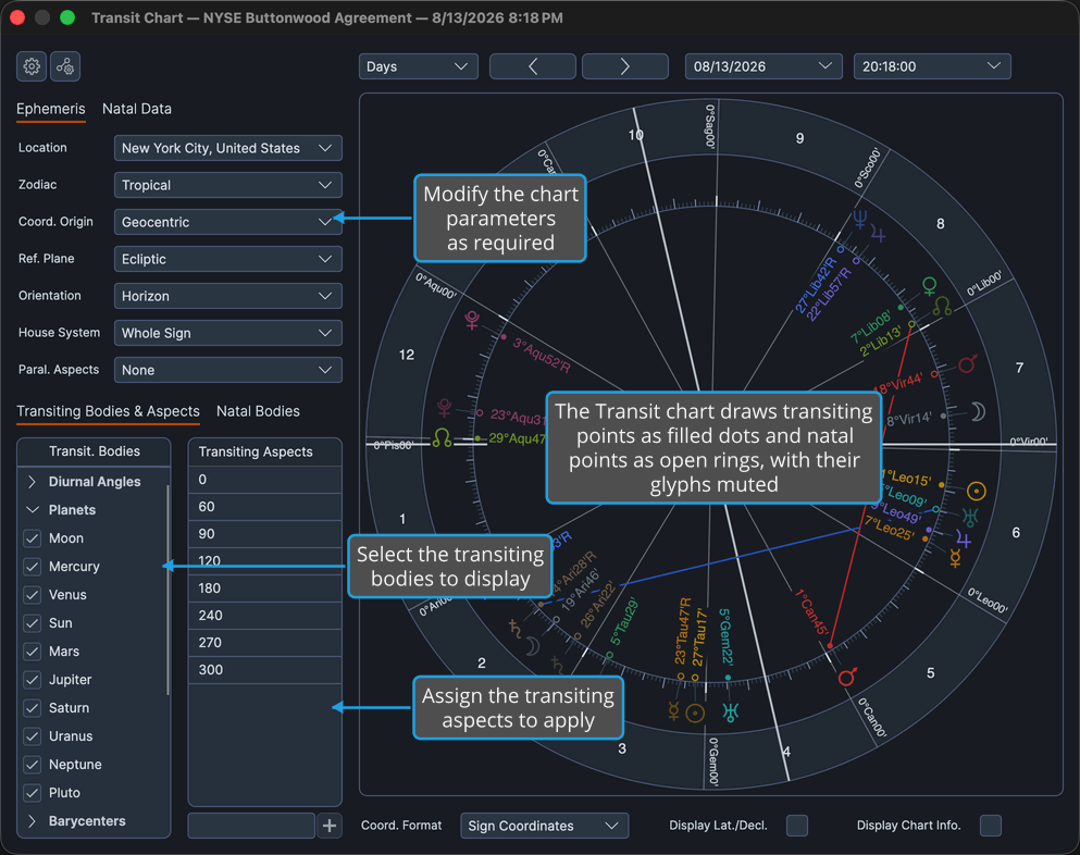 Transit chart window with the settings column on its Ephemeris tab beside the drawn wheel.