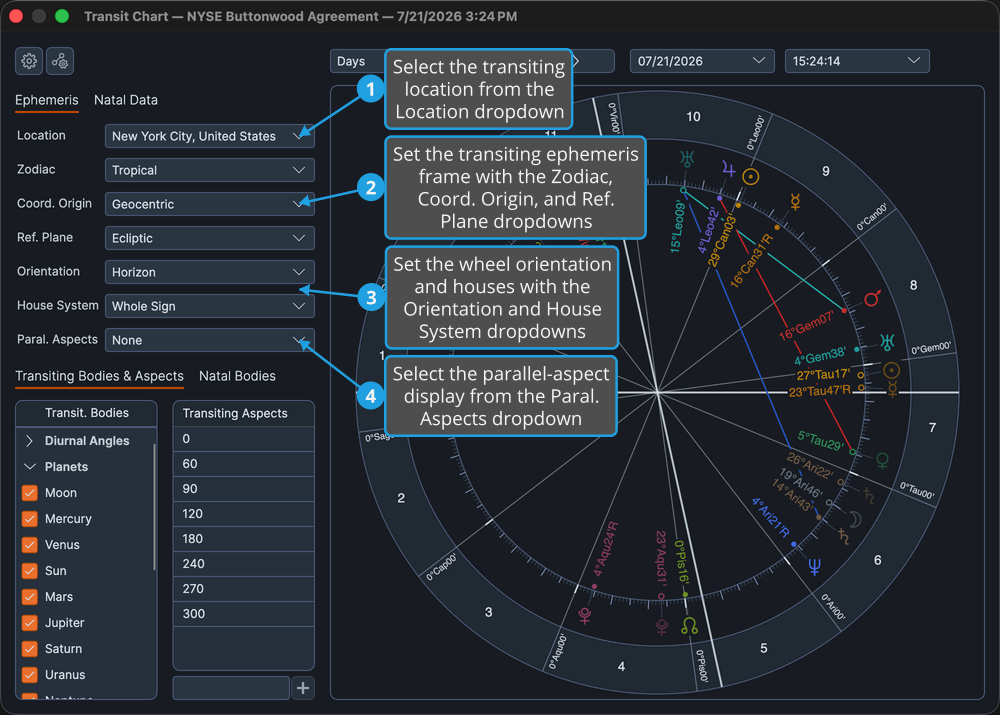 The Ephemeris tab of the Transit chart settings panel, selected by default.