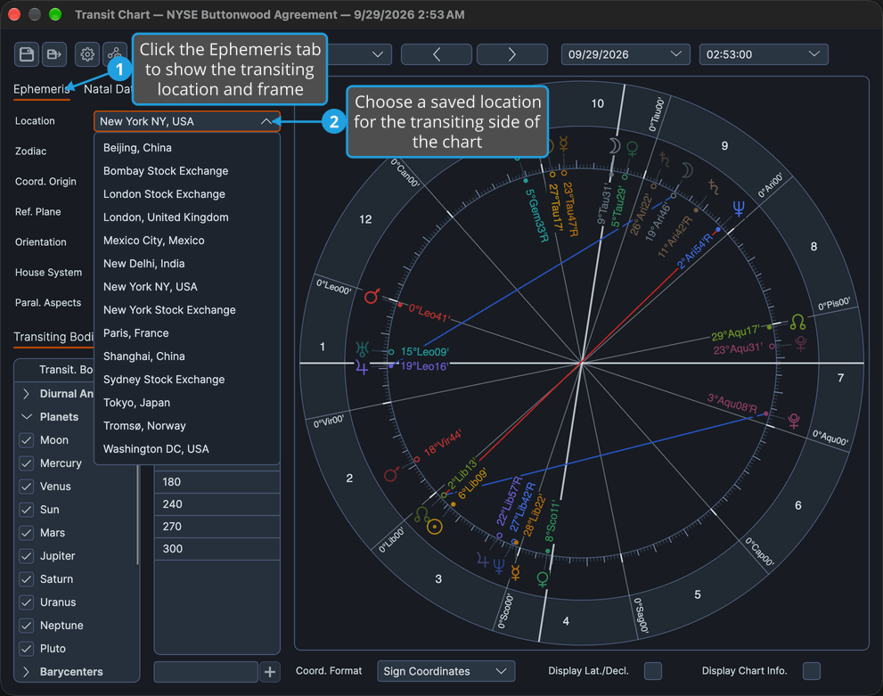 The Transit chart window shows the Ephemeris tab with the Location drop-down, still reading New York NY, USA, open on its list of saved locations.