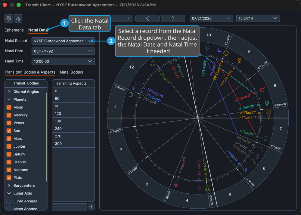 The Transit chart settings panel with the Natal Data tab selected.
