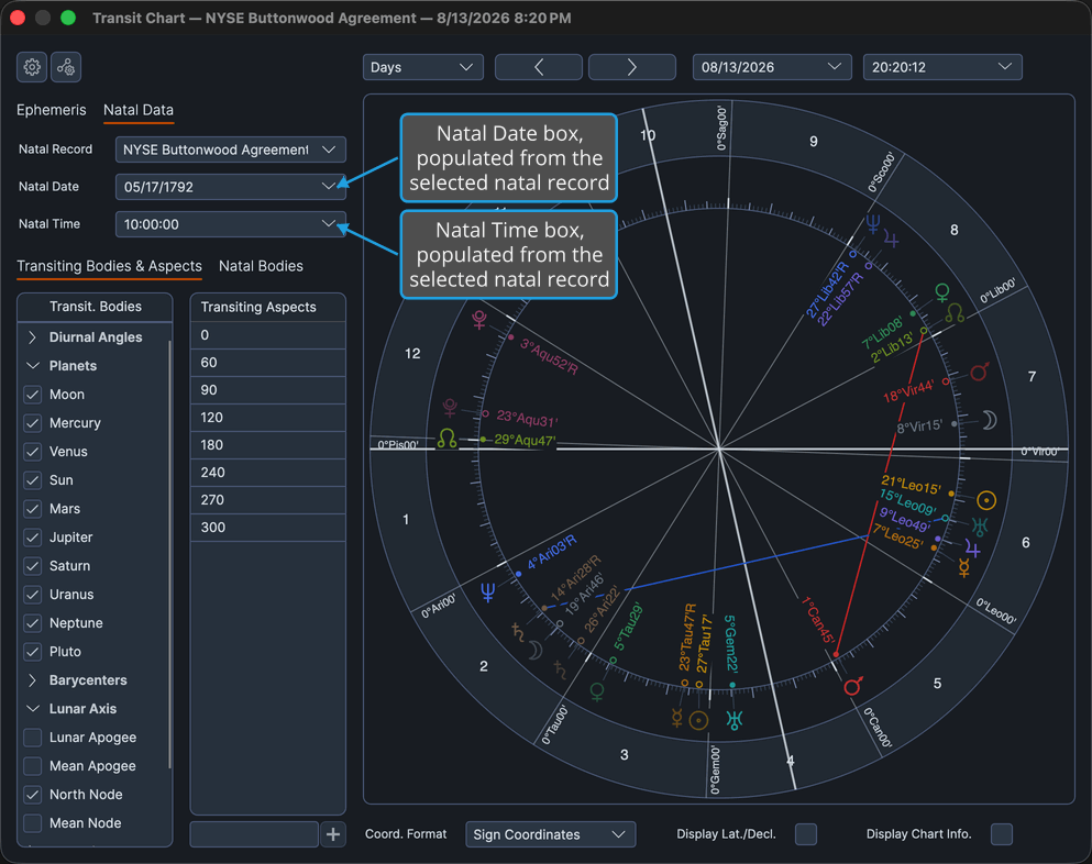 Transit chart window with the Natal Data tab showing and a natal record selected.