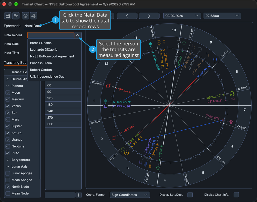 The Transit chart window shows the Natal Data tab with the Natal Record drop-down open, its search box empty above the list of saved natal records.