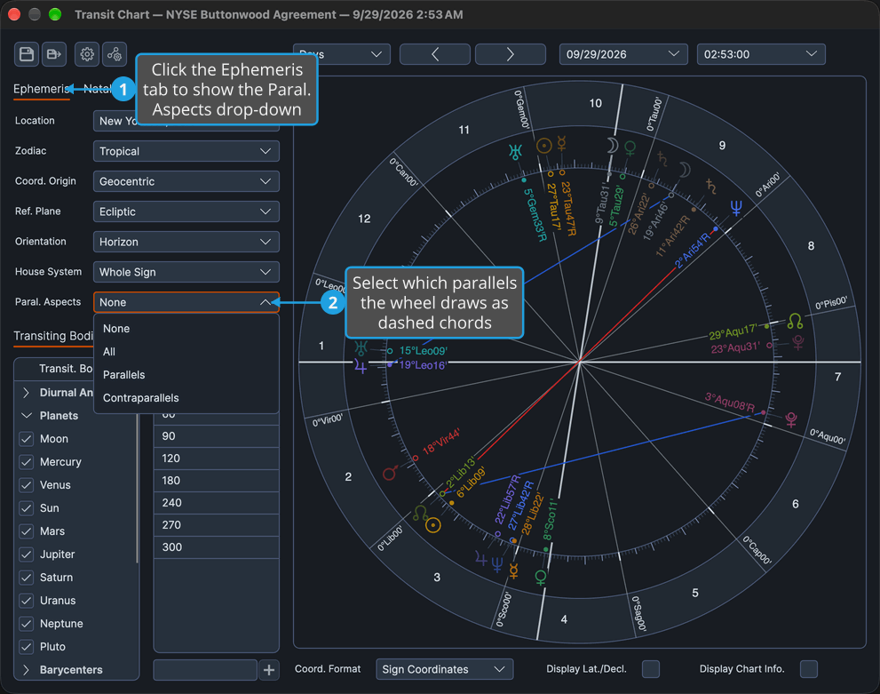 The Transit chart window shows the Paral. Aspects drop-down, still set to None, open on the Ephemeris tab and offering None, All, Parallels and Contraparallels.