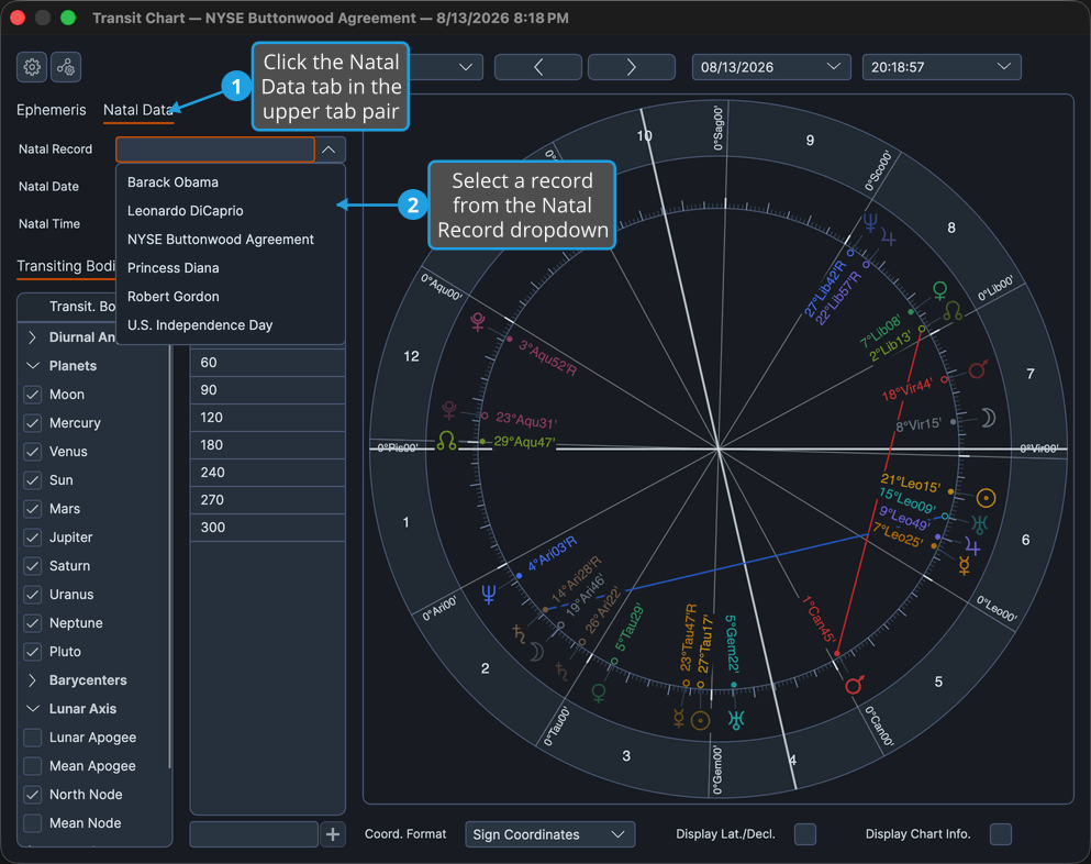 Transit chart window with the Natal Data tab showing and the Natal Record dropdown open.