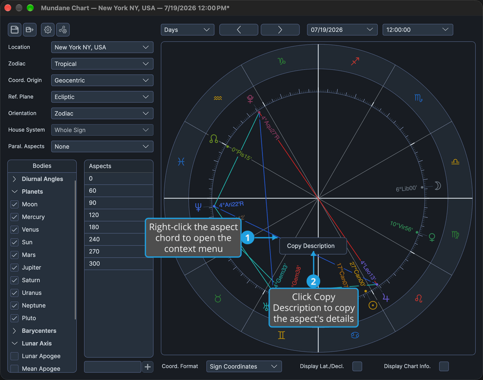 A Mundane chart with the context menu open on an aspect chord, offering Copy Description.
