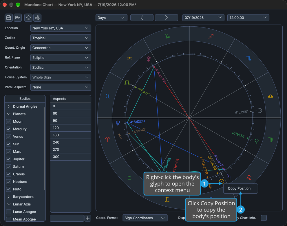 A Mundane chart with the context menu open on the Sun's glyph, offering Copy Position.