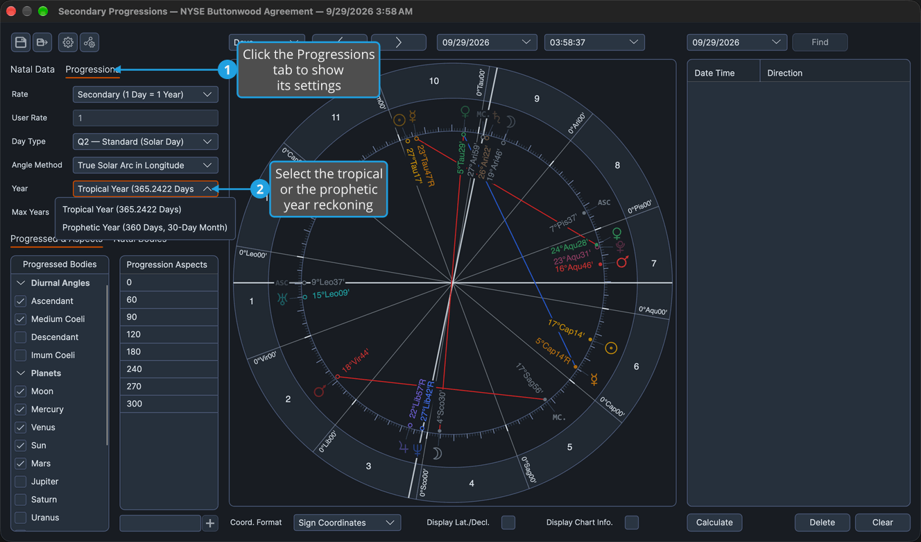 The Progressions tab of a Secondary Progressions chart with the Year drop-down open on the tropical and prophetic year reckonings.