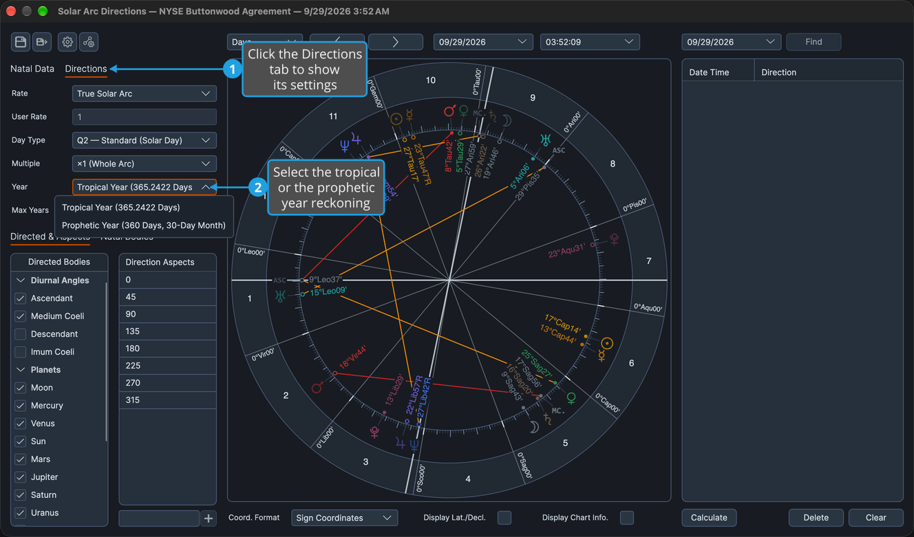 The Directions tab of a Solar Arc Directions chart with the Year drop-down open on the tropical and prophetic year reckonings.