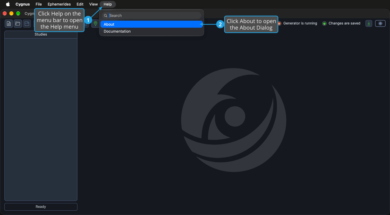 The Help menu is open on the menu bar above the Cygnus main window, with the About command that opens the About Dialog.