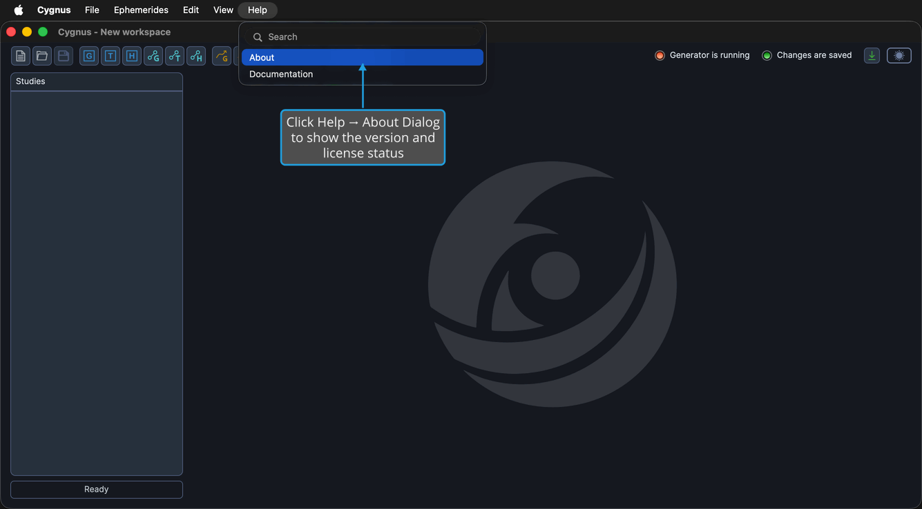 The Help menu open with its first entry, About, highlighted above the Documentation entry.