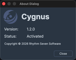 The About Dialog showing the Cygnus icon and name, the Version number, the Status line, and the copyright notice.
