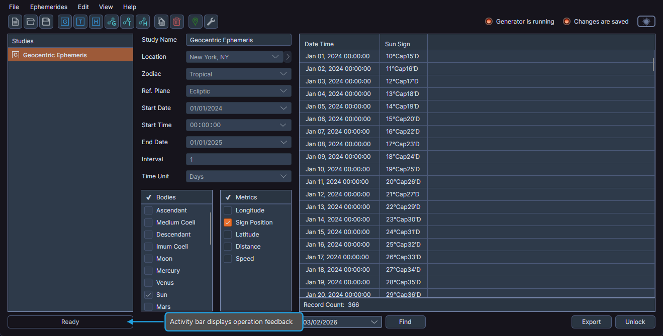 Activity bar at the bottom of the screen displaying a status message