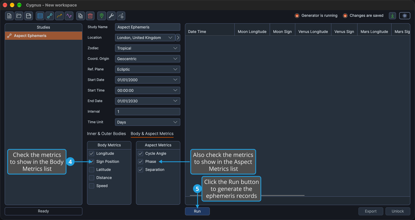 The Body &amp; Aspect Metrics tab of a new Aspect Ephemeris study for the Moon, Venus and Mars, with metrics checked in both lists and the Run button ready below the empty ephemeris table.