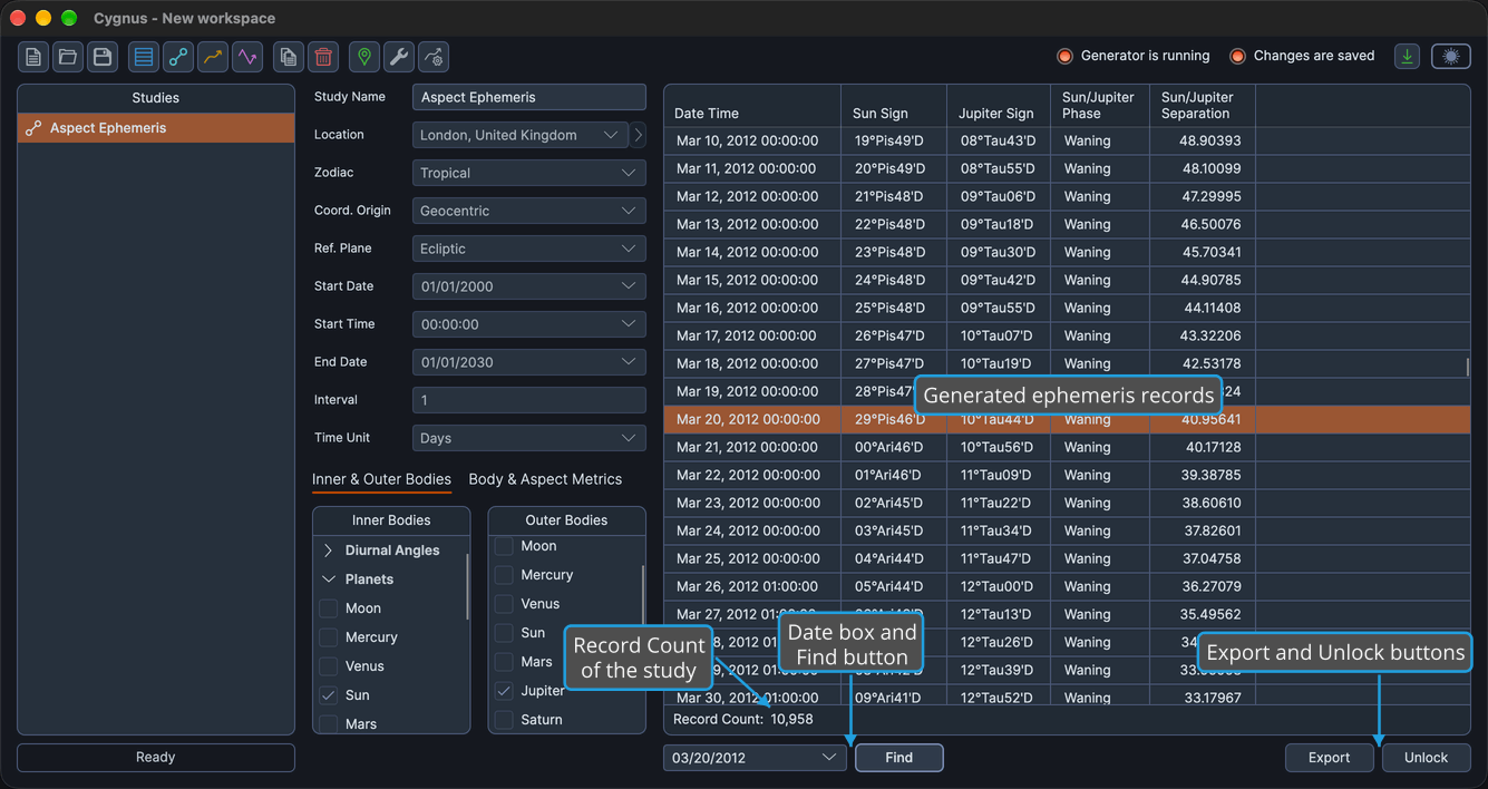 The ephemeris table of a generated Aspect Ephemeris study for the Sun and Jupiter, with the found record highlighted, the Record Count beneath it and the Find, Export and Unlock buttons.