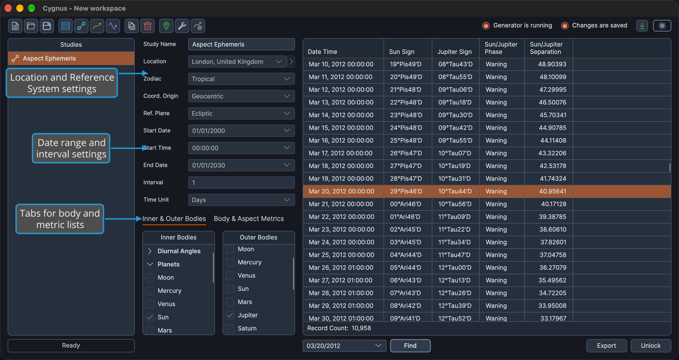 The settings column of a generated Aspect Ephemeris study for the Sun and Jupiter, showing its location, Reference System, date range and the tabs for its body and metric lists.