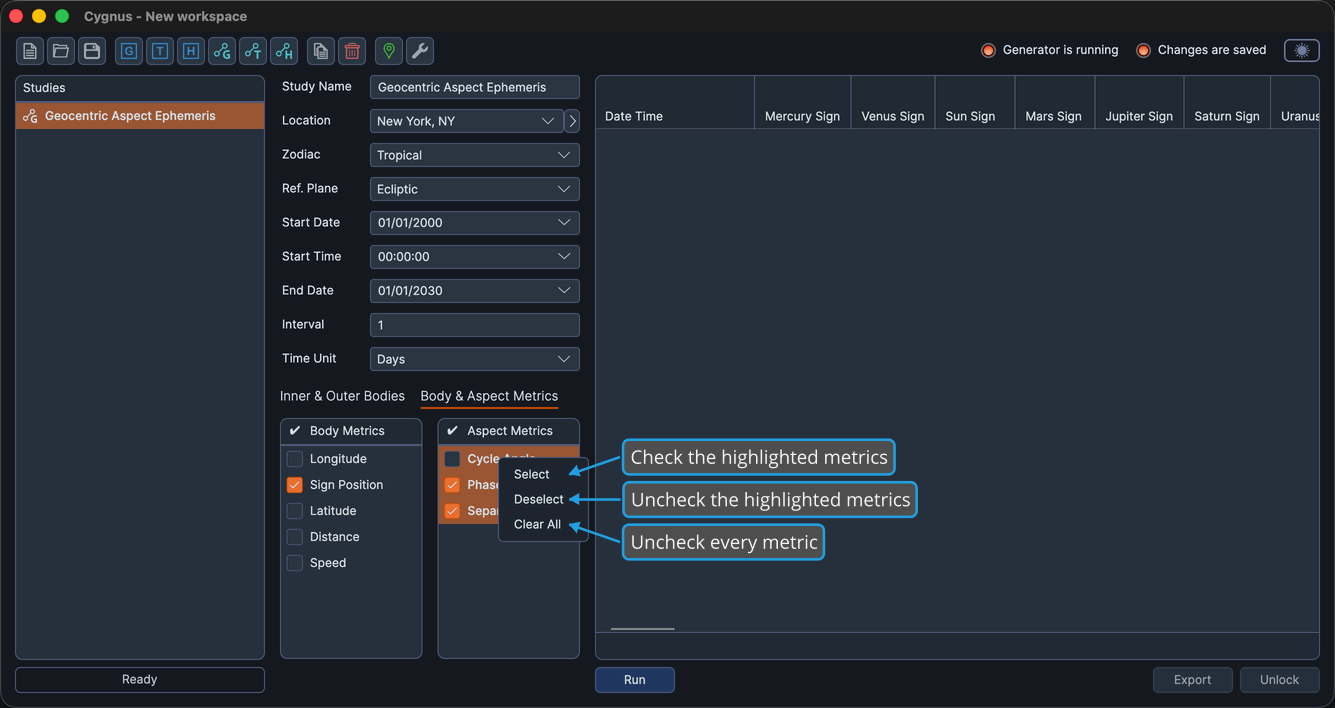 The Aspect Metrics list with several rows highlighted and the right-click context menu open.