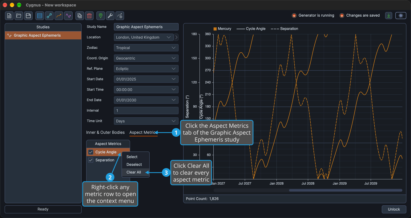 A generated Graphic Aspect Ephemeris study for Mercury and Jupiter, its Aspect Metrics context menu open with Clear All highlighted.