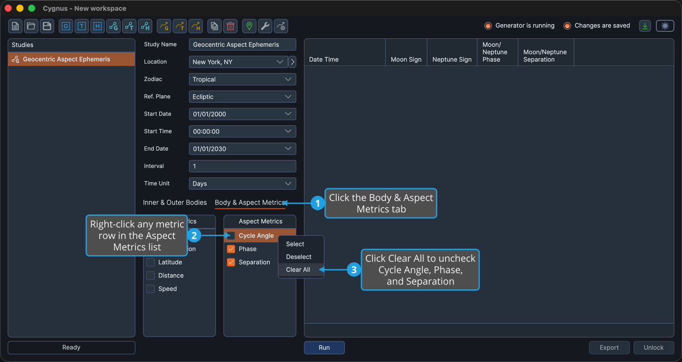 The Aspect Metrics list context menu open on the Cycle Angle row with Clear All highlighted.
