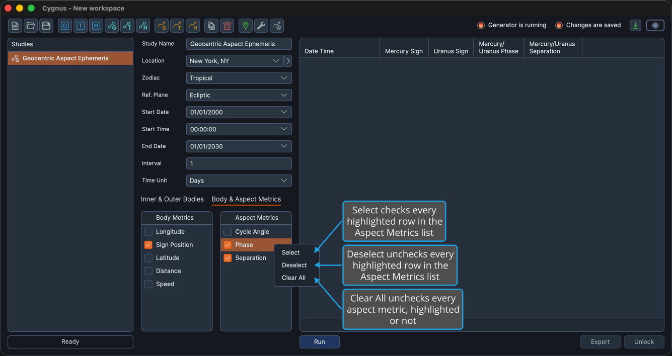 The Aspect Metrics list context menu open on the Phase row, listing Select, Deselect, and Clear All.