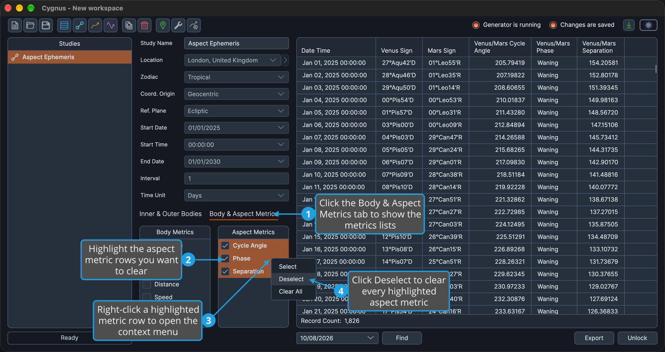 Cycle Angle, Phase and Separation checked and highlighted in the Aspect Metrics list, its context menu open with Deselect highlighted.