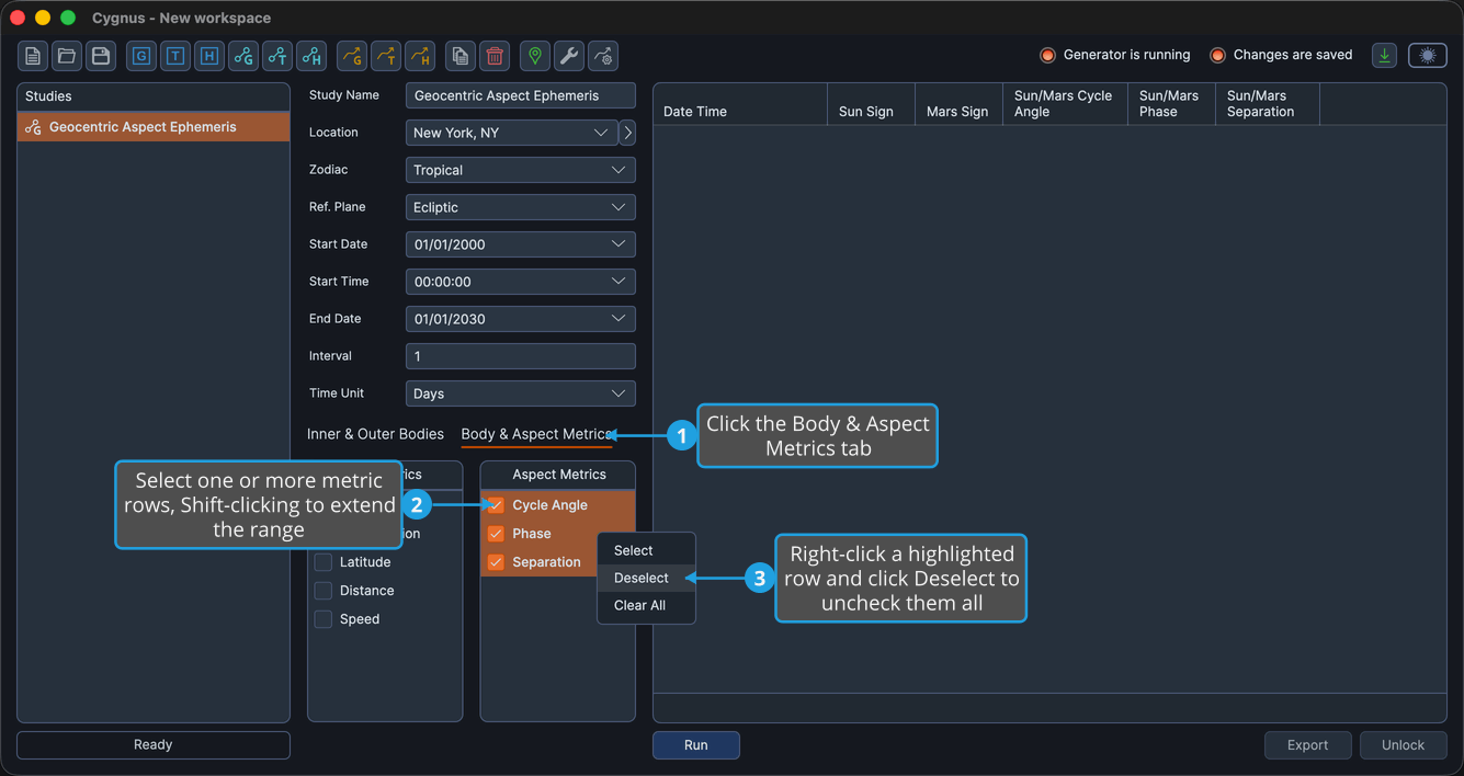 All three Aspect Metrics rows checked and highlighted, with Deselect highlighted in the open context menu.