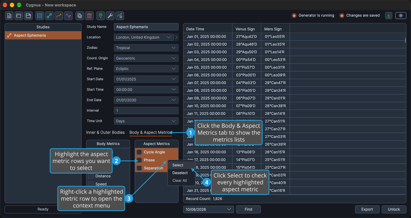 Cycle Angle, Phase and Separation highlighted in an unchecked Aspect Metrics list, its context menu open with Select highlighted.