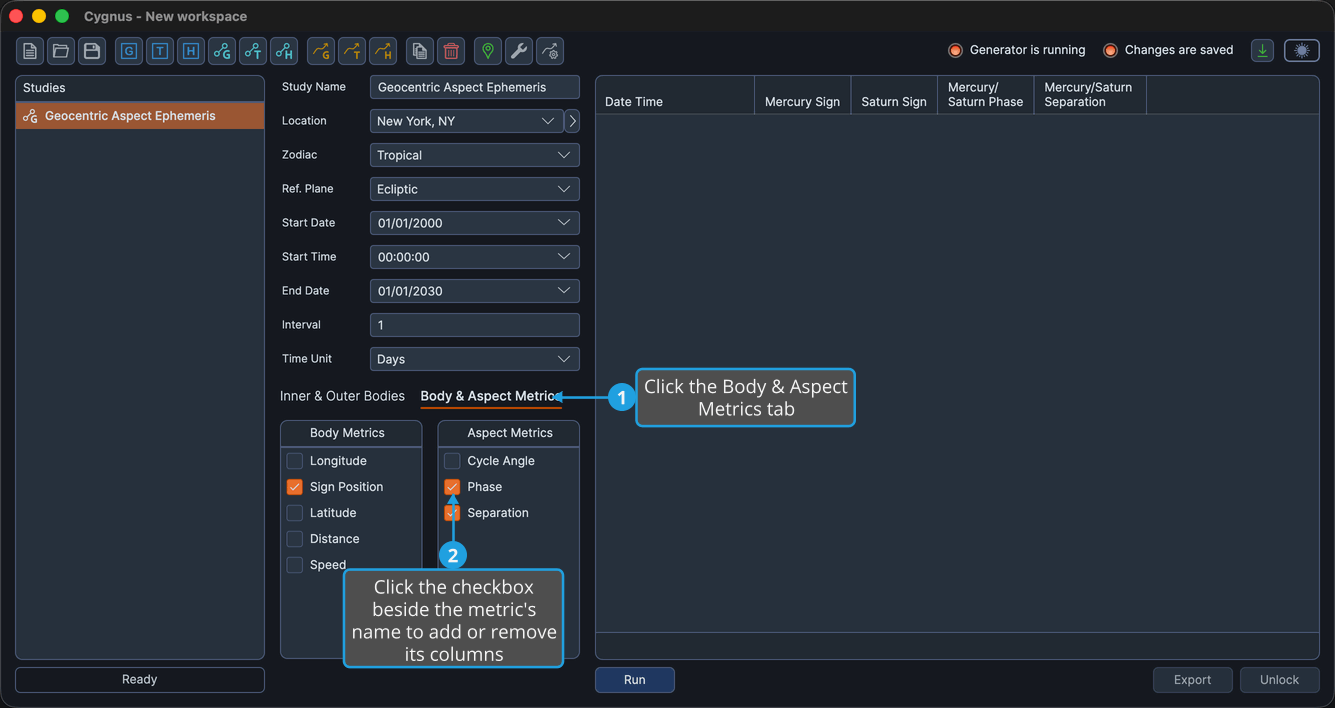 The Aspect Metrics list on the Body &amp; Aspect Metrics tab, with Cycle Angle unchecked and Phase and Separation checked.