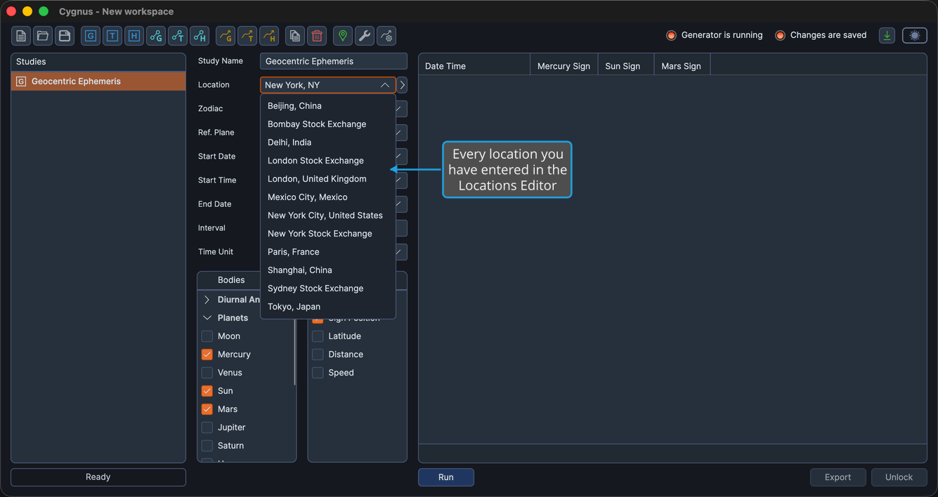 The Location dropdown open over the study editor, listing saved places from Beijing, China to Tokyo, Japan.