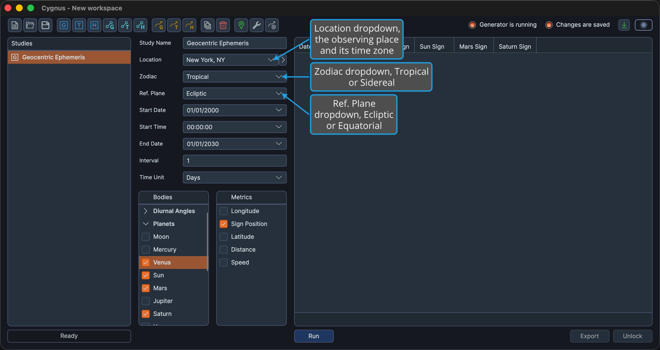 The basic ephemeris settings on a Geocentric Ephemeris Study editor, reading New York, Tropical, and Ecliptic.