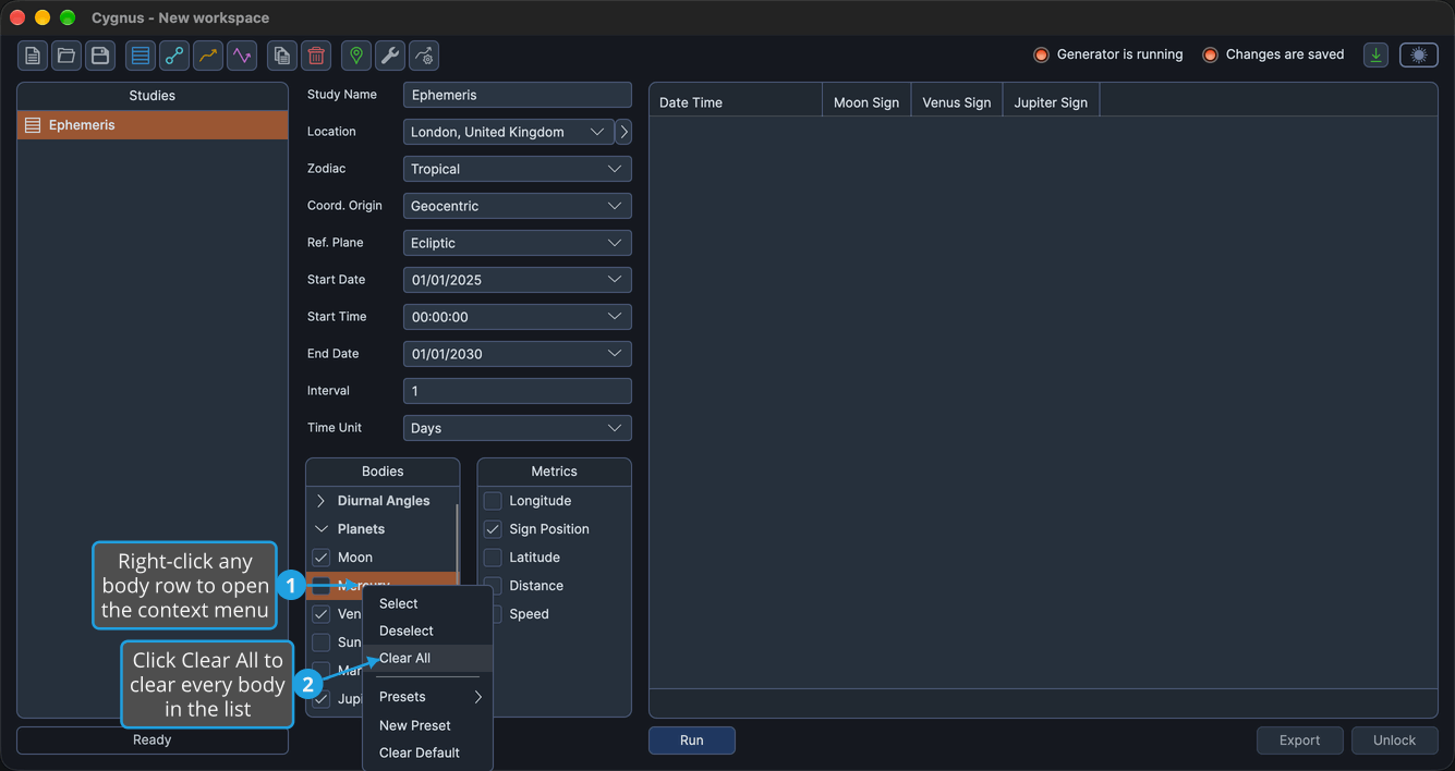 The body row context menu open over a Bodies list with the Moon, Venus and Jupiter checked, Clear All highlighted.