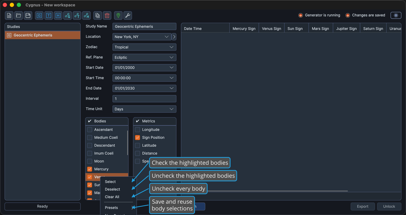 The Bodies list with several rows highlighted and the right-click context menu open.