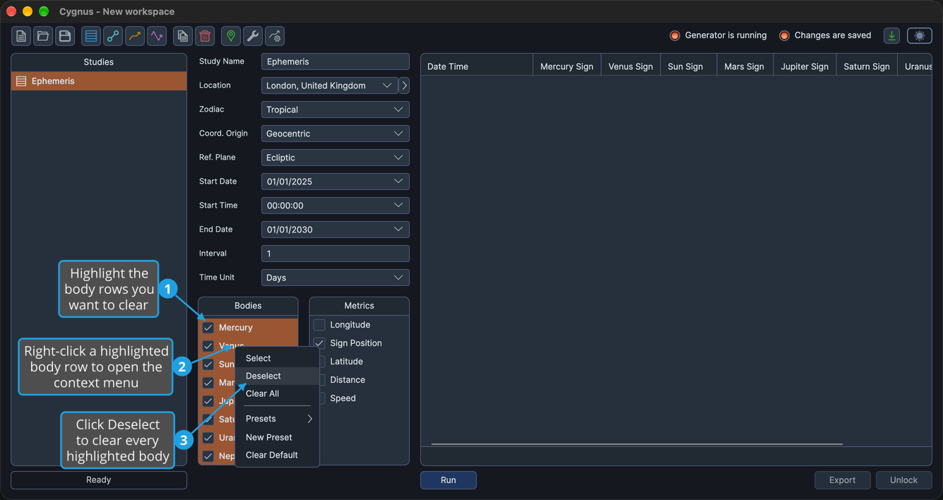 Mercury through Neptune checked and highlighted in the Bodies list, the body row context menu open with Deselect highlighted.