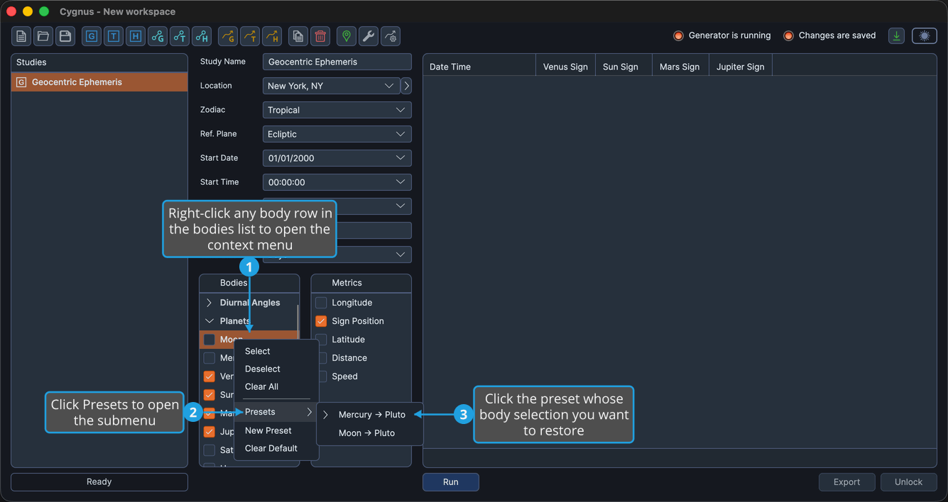 The Presets submenu expanded from the Bodies list context menu, listing the Mercury to Pluto and Moon to Pluto presets.