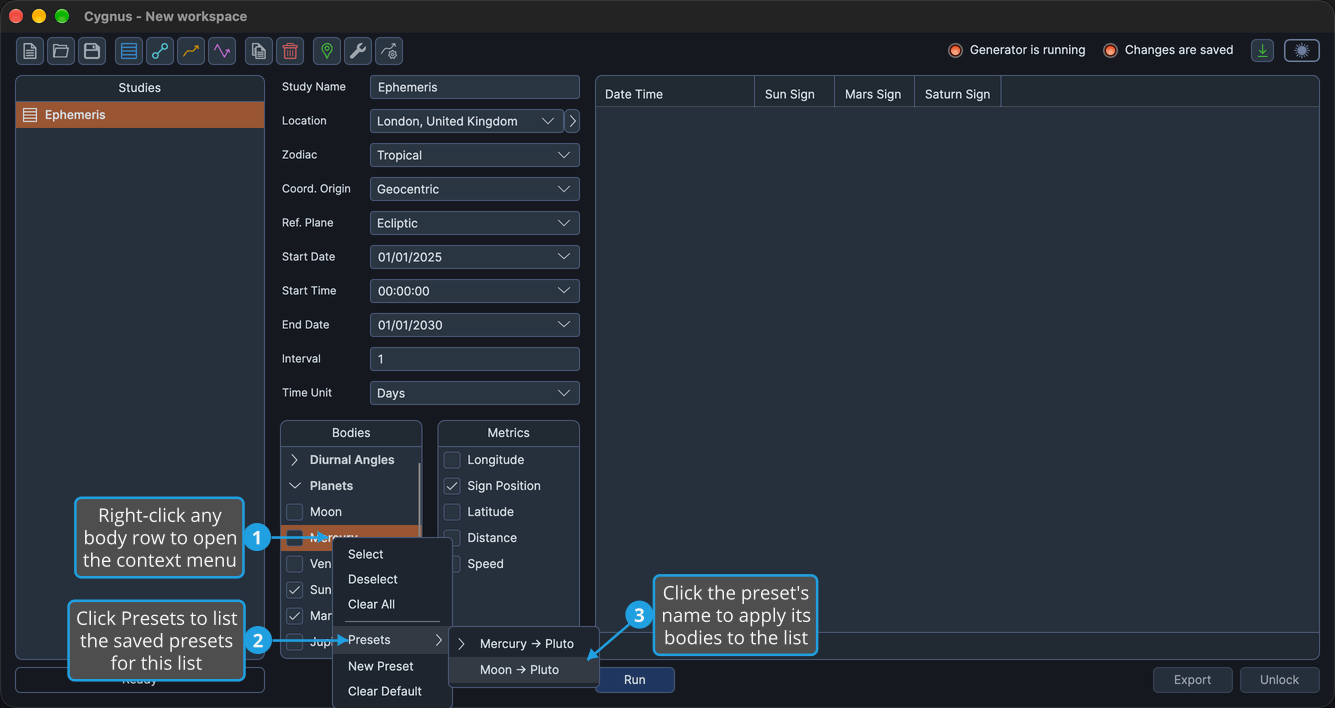 The Presets submenu open from the body row context menu, listing the saved presets for Bodies lists.