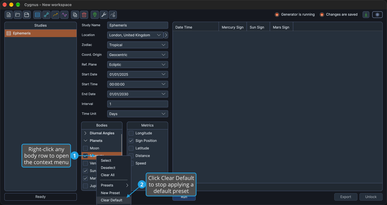 The body row context menu open with Clear Default highlighted as the last of its preset items.