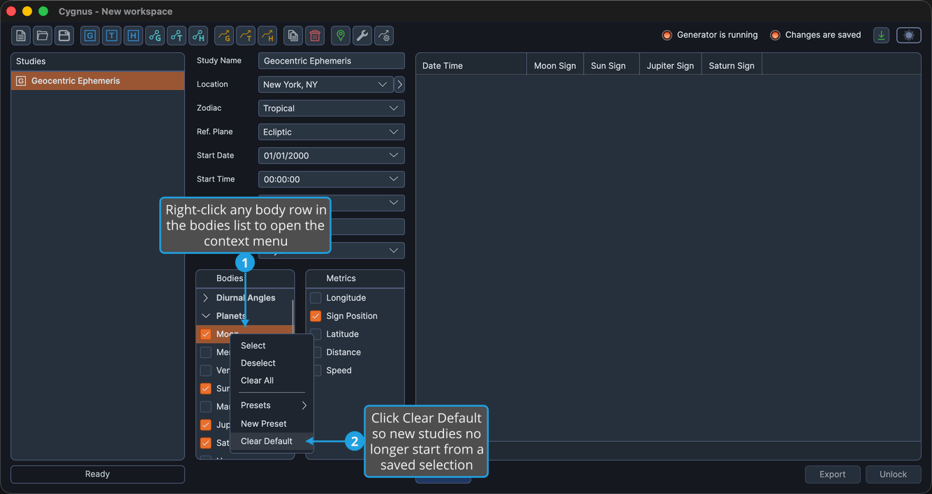 The Bodies list context menu open on a body row with its Clear Default command highlighted.