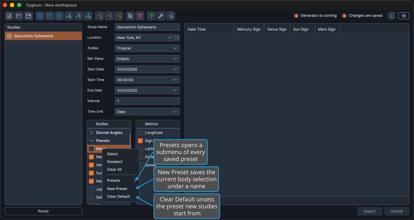 The Bodies list context menu open on a body row, with Presets, New Preset, and Clear Default in its lower half.