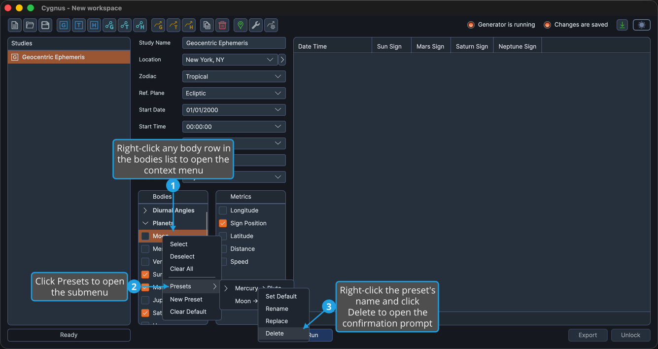 The Bodies list Presets submenu expanded with Delete highlighted in the preset's own menu.