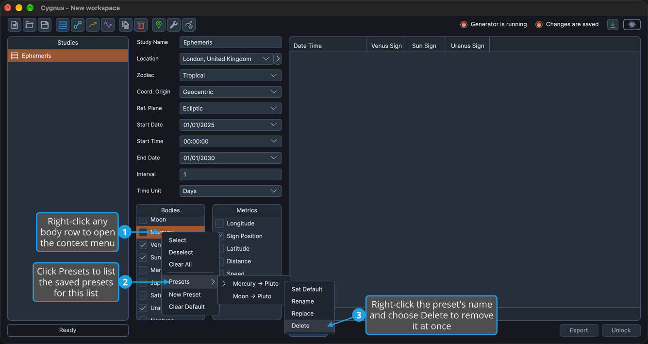 The preset context menu open from a Bodies list preset in the Presets submenu, with Delete highlighted.