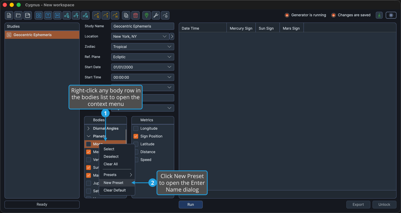 The Bodies list context menu open with New Preset highlighted and Mercury, Sun, and Mars checked in the list.