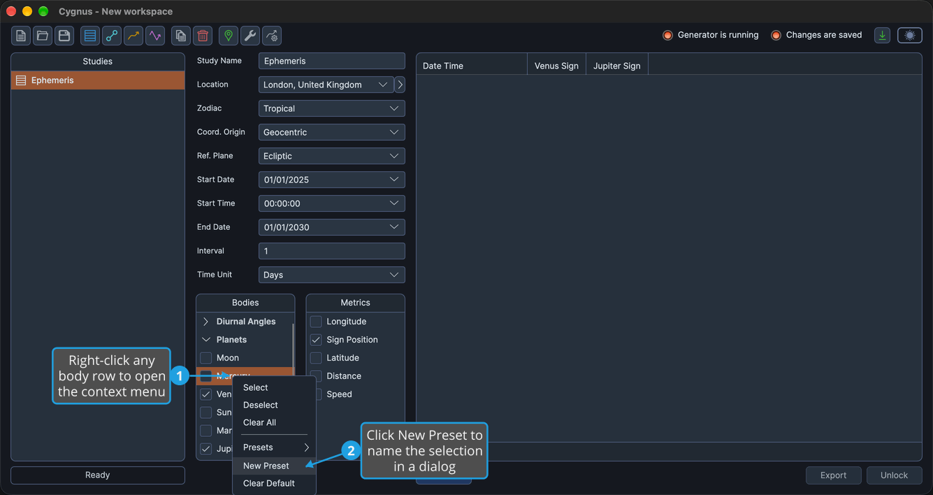 The body row context menu open from the Mercury row with New Preset highlighted below the Presets item.