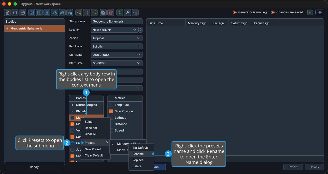 The Bodies list preset menu open on a saved preset, with Rename highlighted among its four commands.
